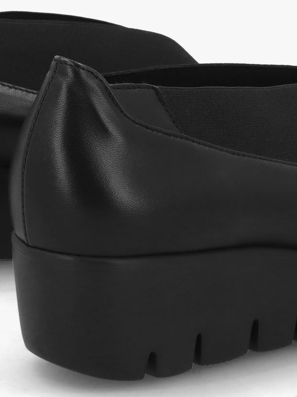 Cora Black Leather Elasticated Crossover Wedge Shoes
