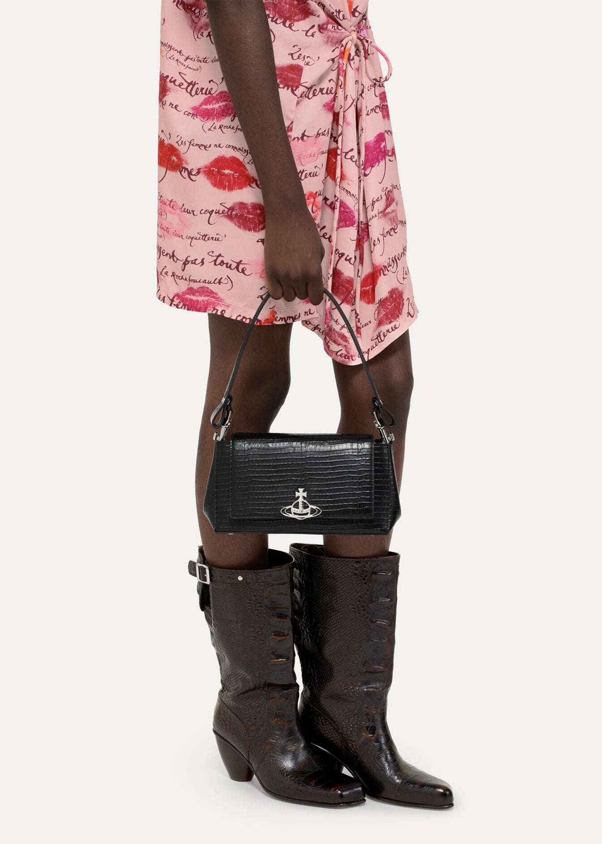 Hazel Medium Black Embossed Croc Shoulder Bag