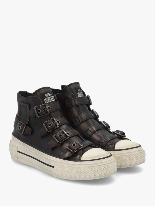 Rainbow Black & Brown Leather Buckle High Top Trainers