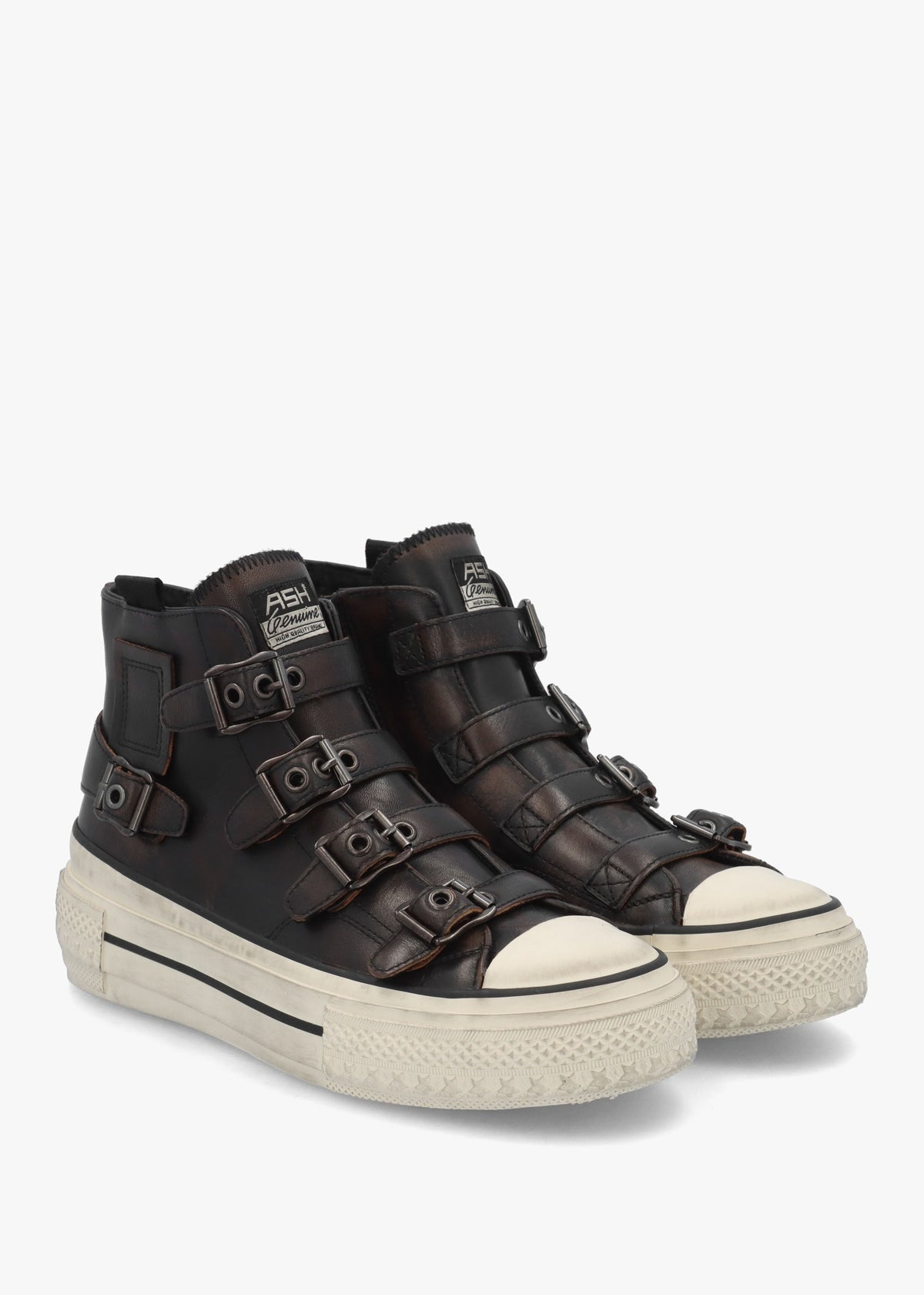 Rainbow Black & Brown Leather Buckle High Top Trainers