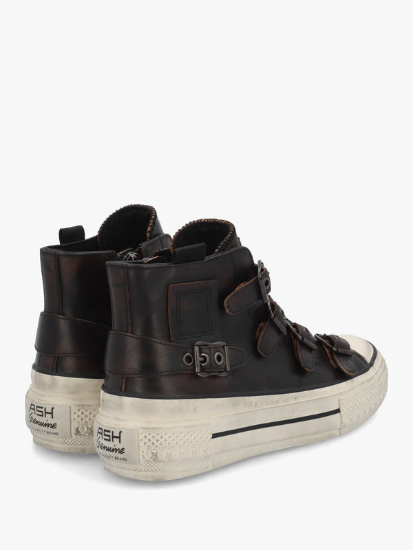 Rainbow Black & Brown Leather Buckle High Top Trainers