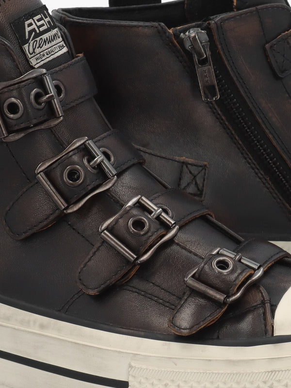Rainbow Black & Brown Leather Buckle High Top Trainers