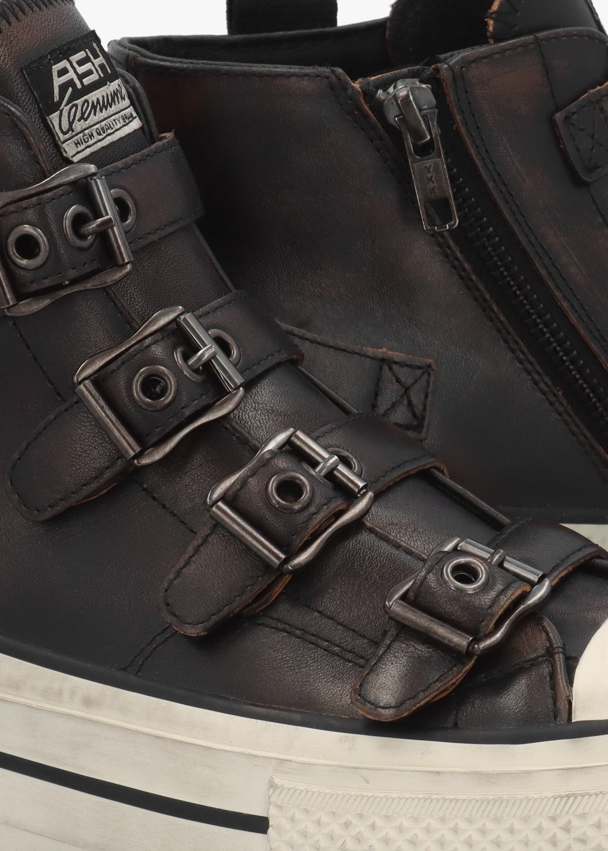 Rainbow Black & Brown Leather Buckle High Top Trainers