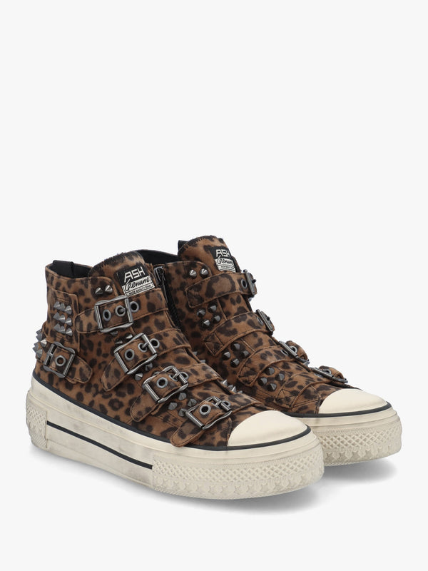 Rainbow Studs Wild Leopard Suede Buckle High Top Trainers