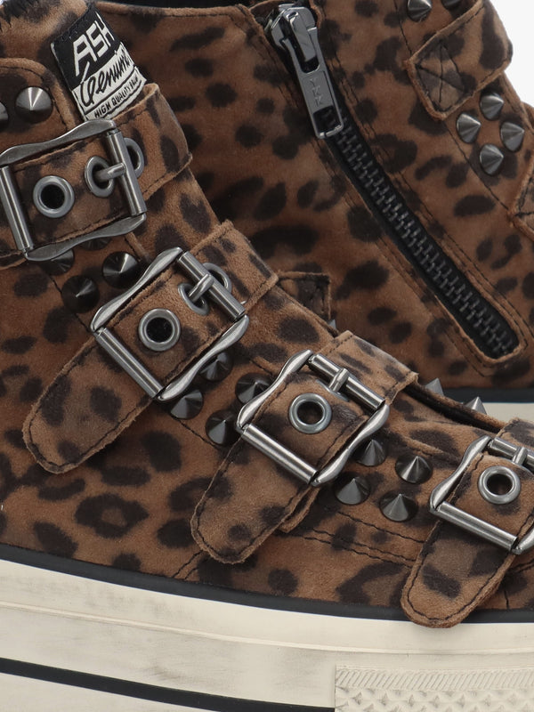 Rainbow Studs Wild Leopard Suede Buckle High Top Trainers