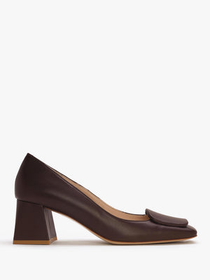Nessie Brown Leather Block Heel Court Shoes