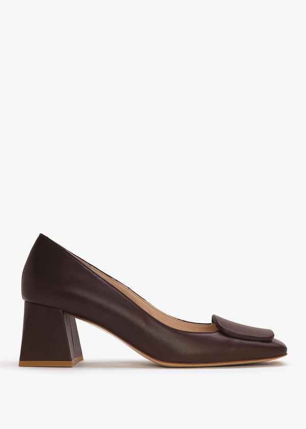 Nessie Brown Leather Block Heel Court Shoes