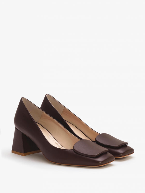 Nessie Brown Leather Block Heel Court Shoes