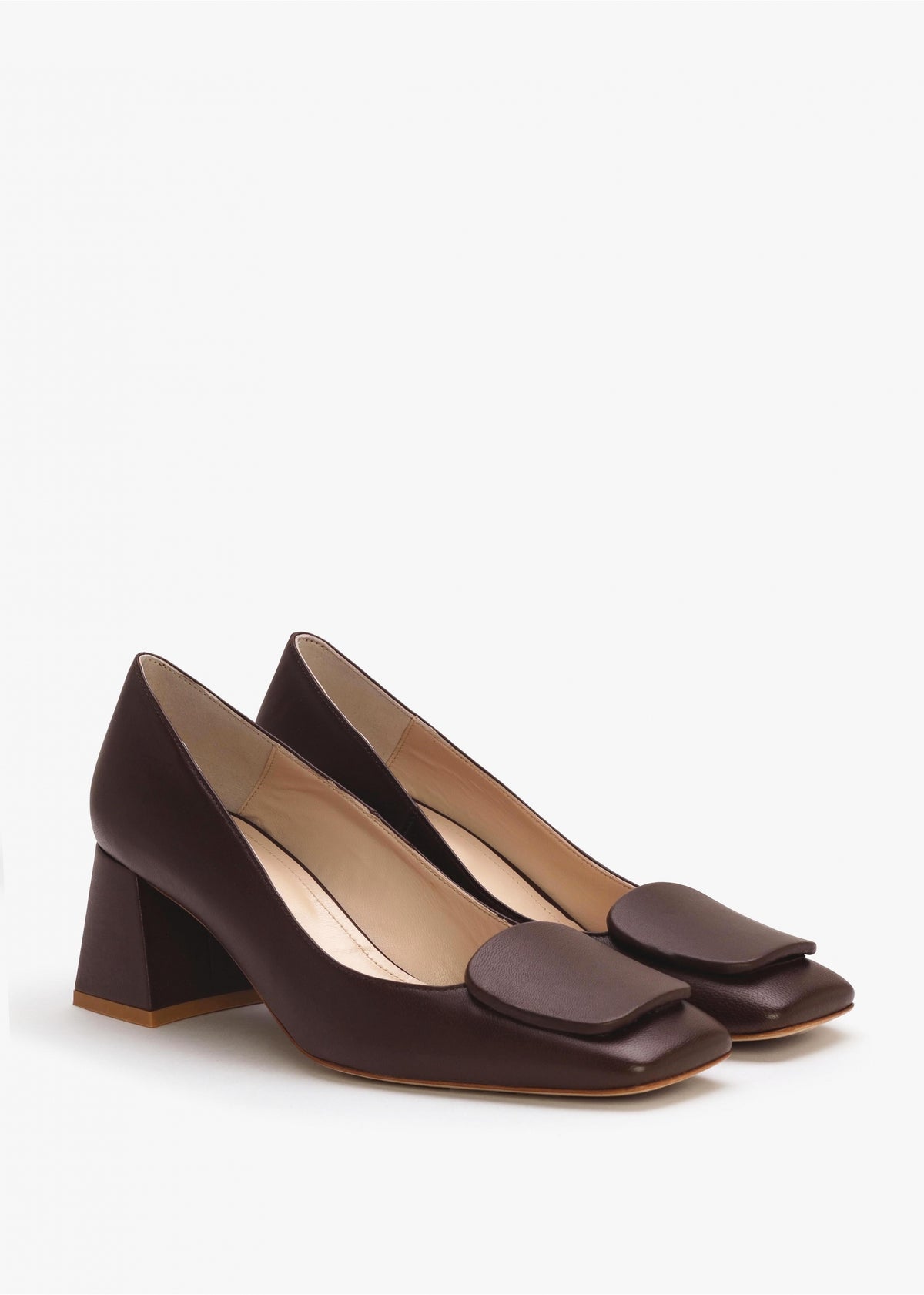 Nessie Brown Leather Block Heel Court Shoes