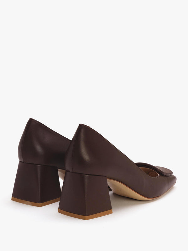 Nessie Brown Leather Block Heel Court Shoes