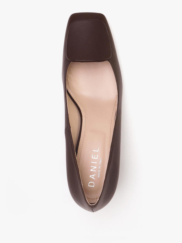 Nessie Brown Leather Block Heel Court Shoes