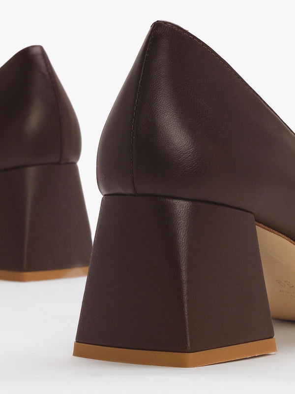 Nessie Brown Leather Block Heel Court Shoes