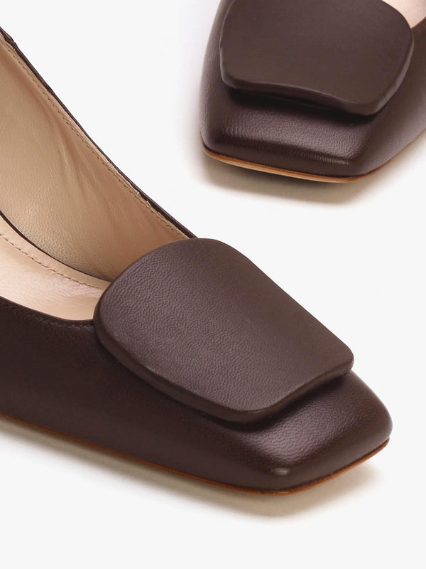 Nessie Brown Leather Block Heel Court Shoes