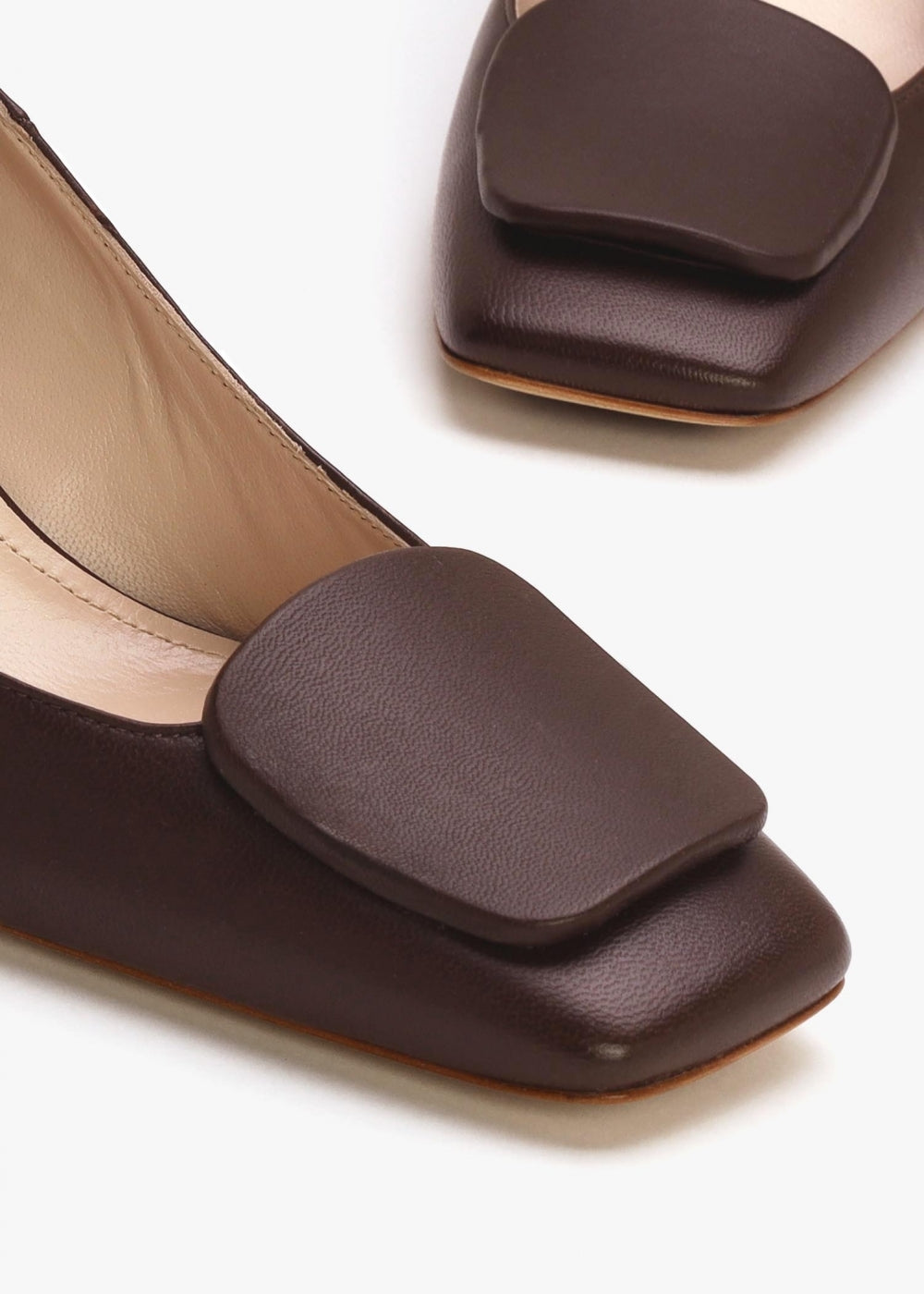 Nessie Brown Leather Block Heel Court Shoes