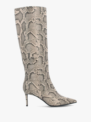 Saffia Beige Leather Reptile Slim Heel Knee Boots