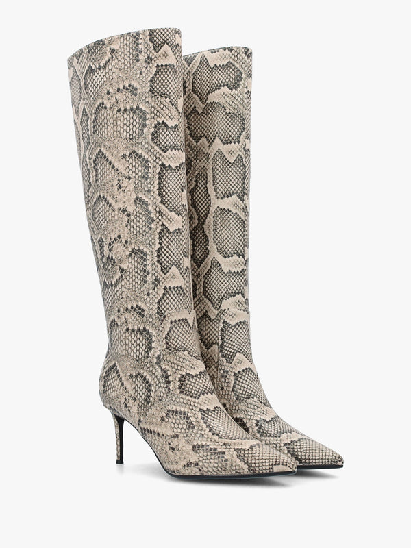Saffia Beige Leather Reptile Slim Heel Knee Boots