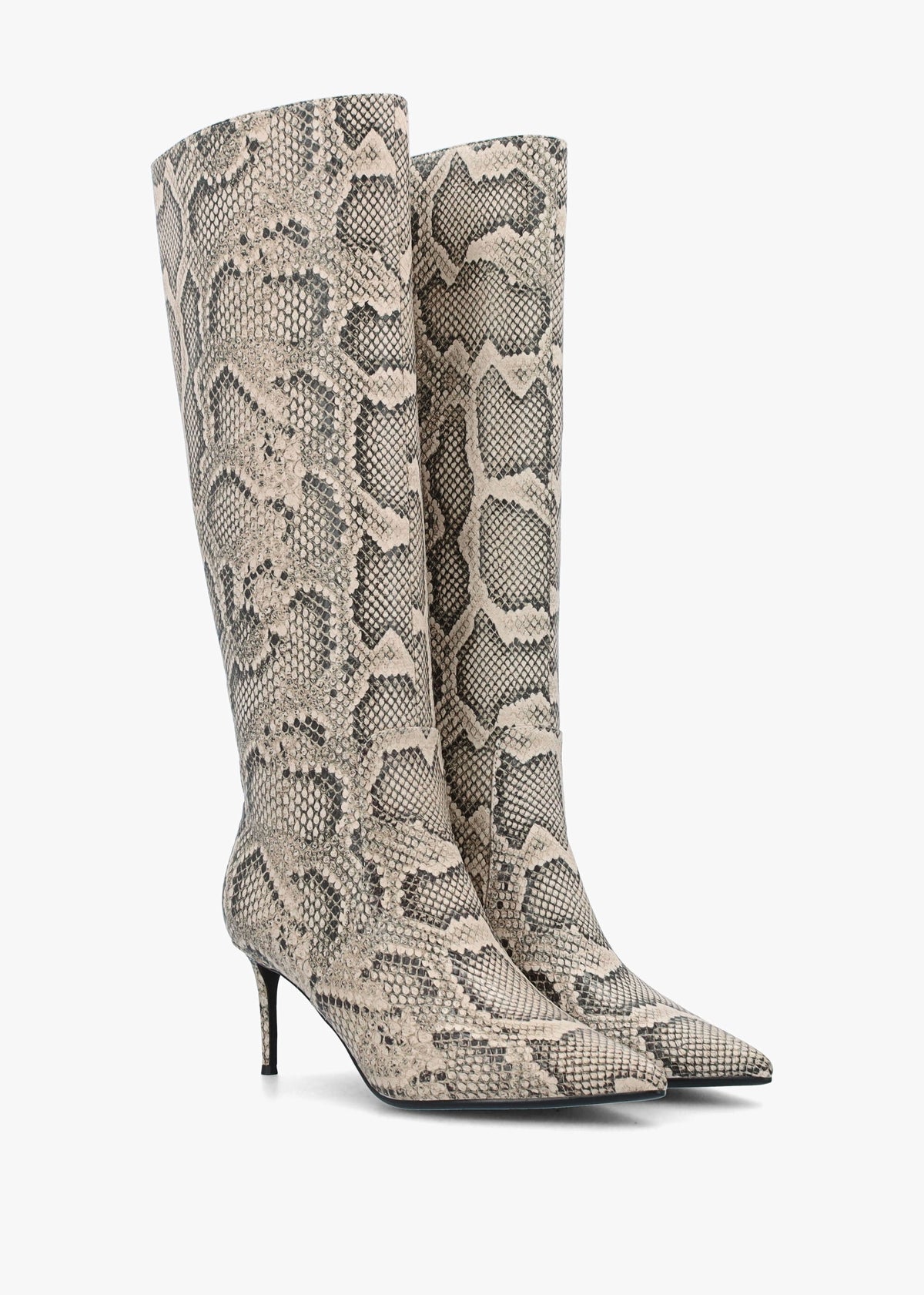 Saffia Beige Leather Reptile Slim Heel Knee Boots