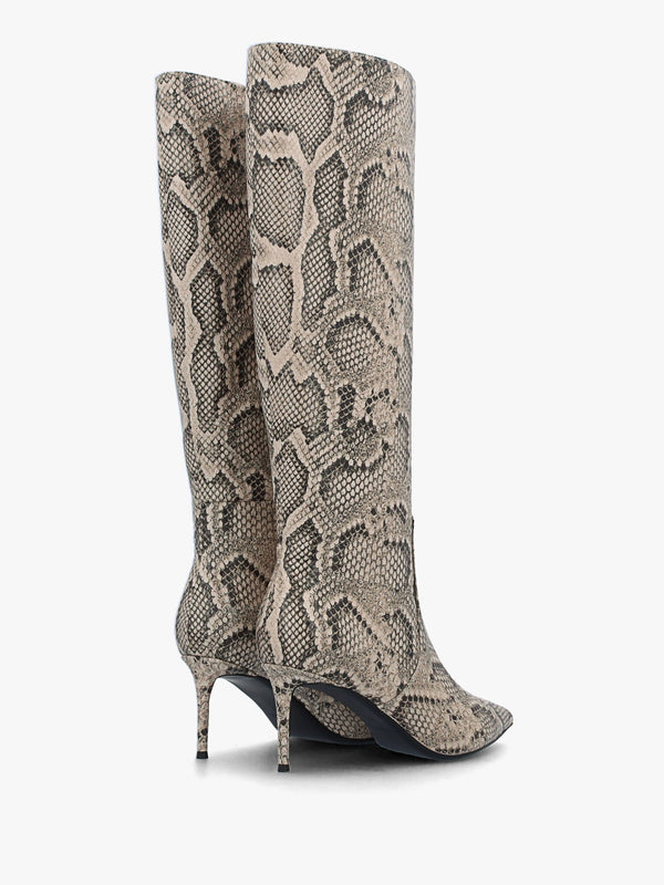 Saffia Beige Leather Reptile Slim Heel Knee Boots