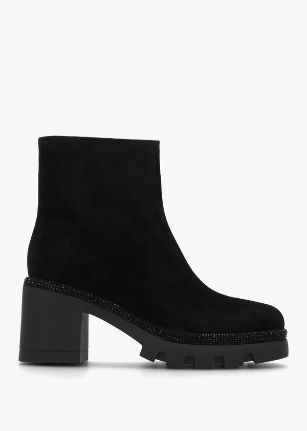 Ajewel Black Suede Embellished Block Heel Ankle Boots
