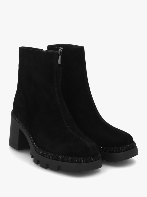 Ajewel Black Suede Embellished Block Heel Ankle Boots
