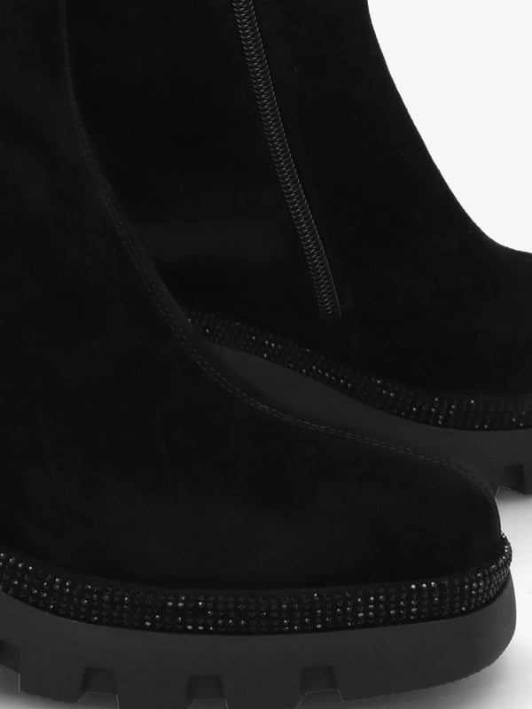 Ajewel Black Suede Embellished Block Heel Ankle Boots