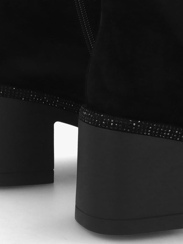 Ajewel Black Suede Embellished Block Heel Ankle Boots