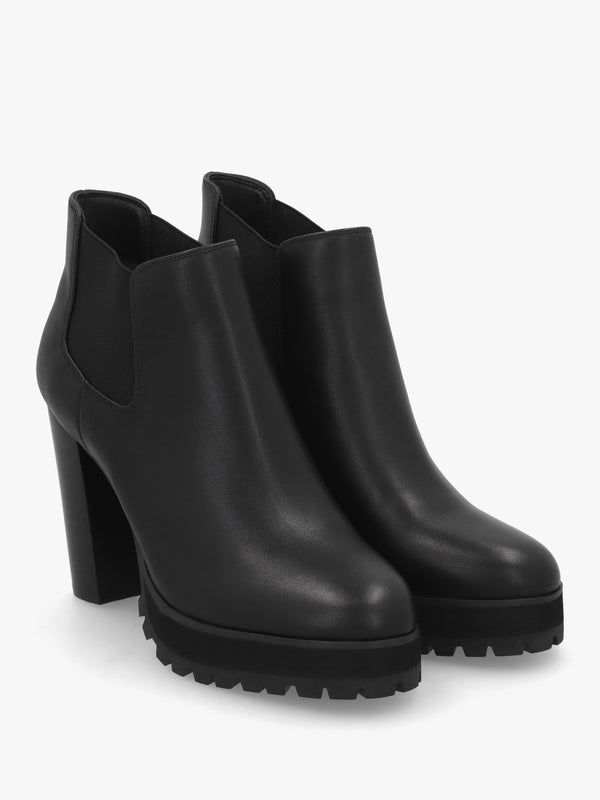Shlock Black Leather Low Cut Platform Block Heel Ankle Boots