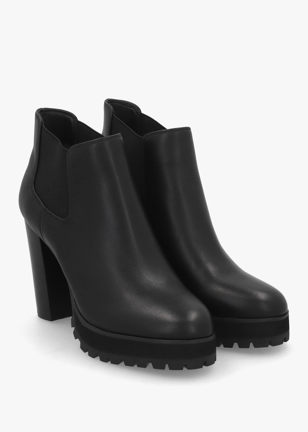 Shlock Black Leather Low Cut Platform Block Heel Ankle Boots