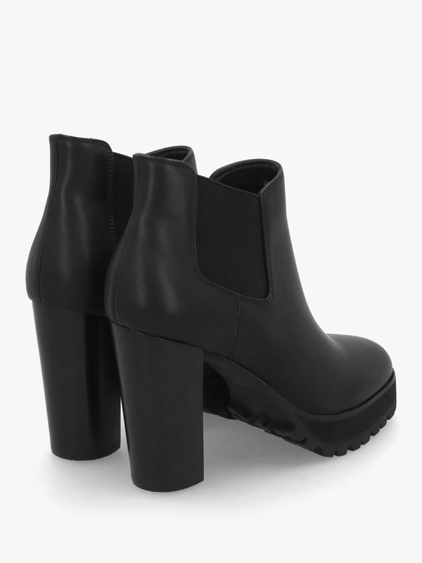 Shlock Black Leather Low Cut Platform Block Heel Ankle Boots