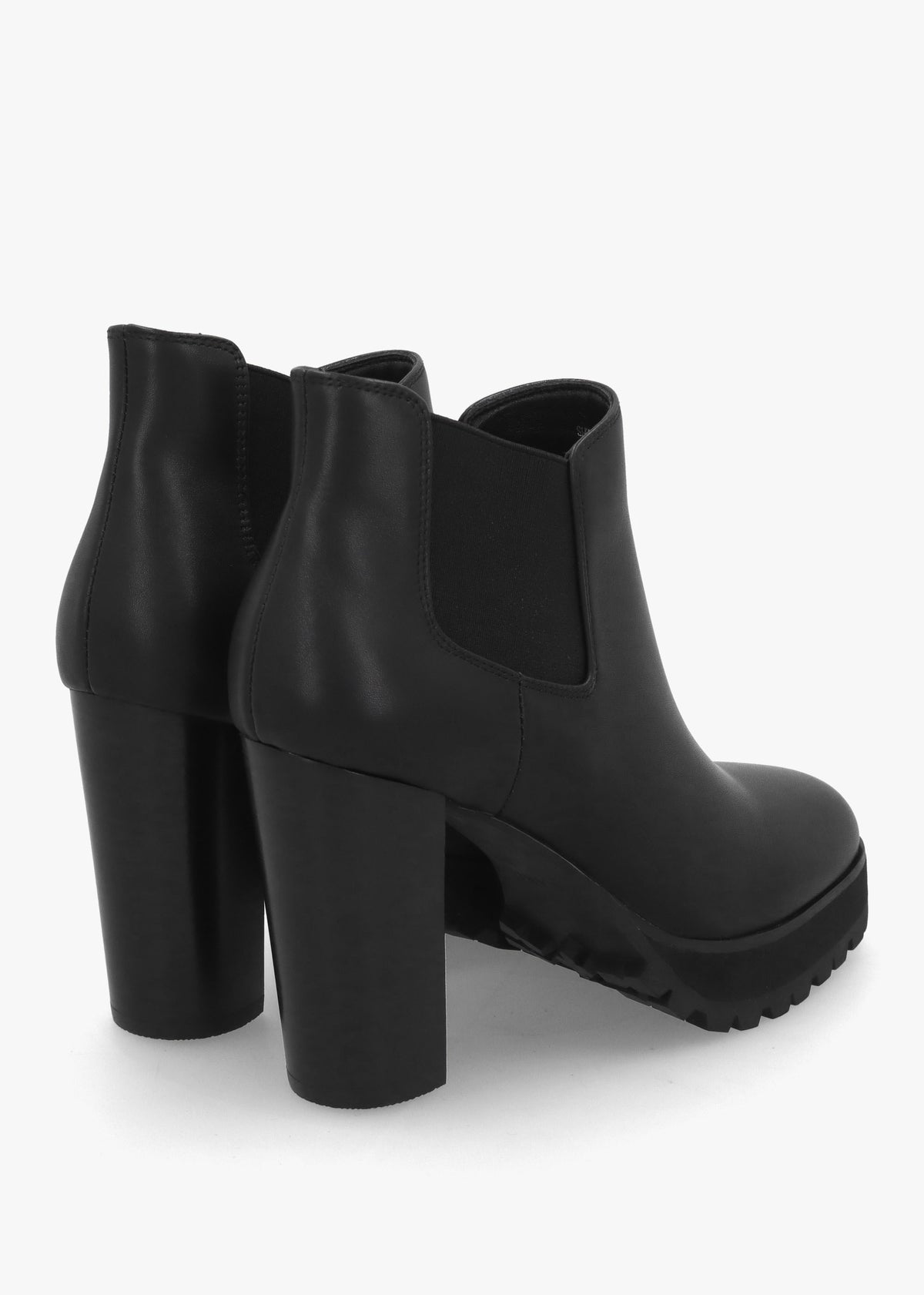 Shlock Black Leather Low Cut Platform Block Heel Ankle Boots
