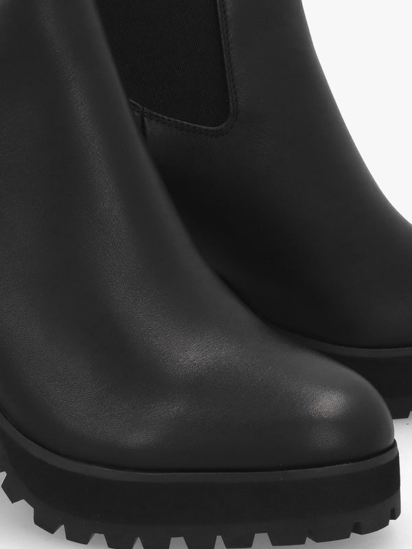 Shlock Black Leather Low Cut Platform Block Heel Ankle Boots