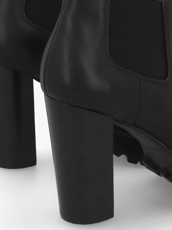 Shlock Black Leather Low Cut Platform Block Heel Ankle Boots