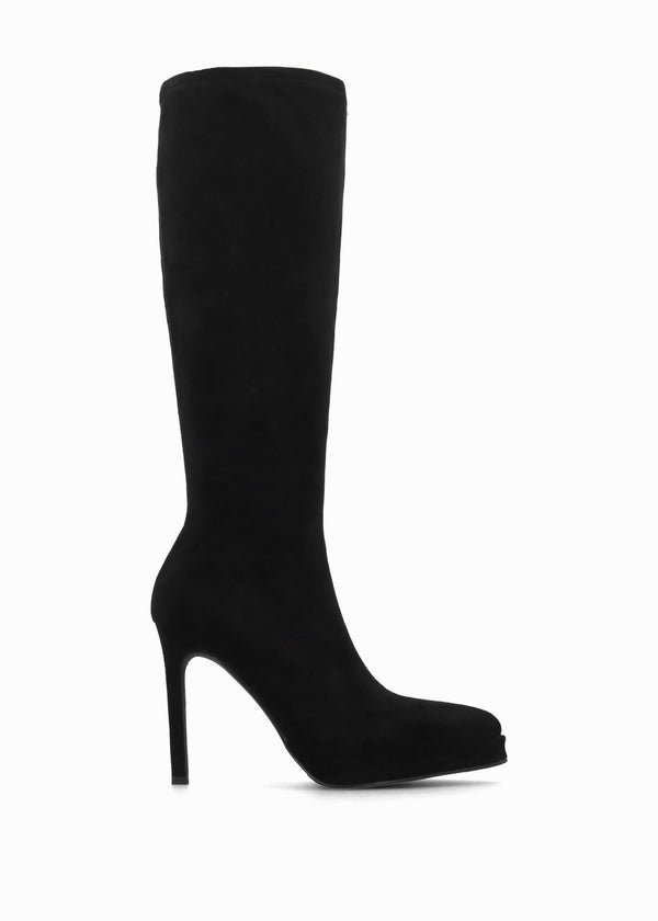 Rinny Black Suedette Platform Heeled Knee Boots