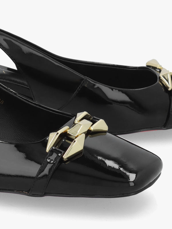 Sachay Black Patent Leather Sling Back Court Shoes