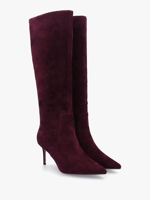 Saffia Burgundy Suede Slim Heel Knee Boots