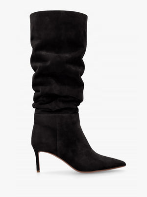 Suched Black Suede Heeled Knee Boots