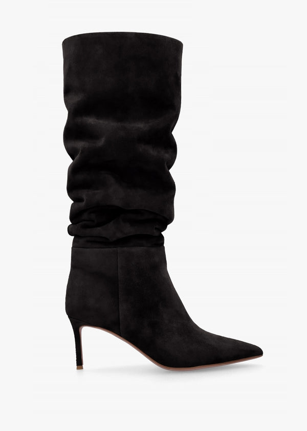 Suched Black Suede Heeled Knee Boots