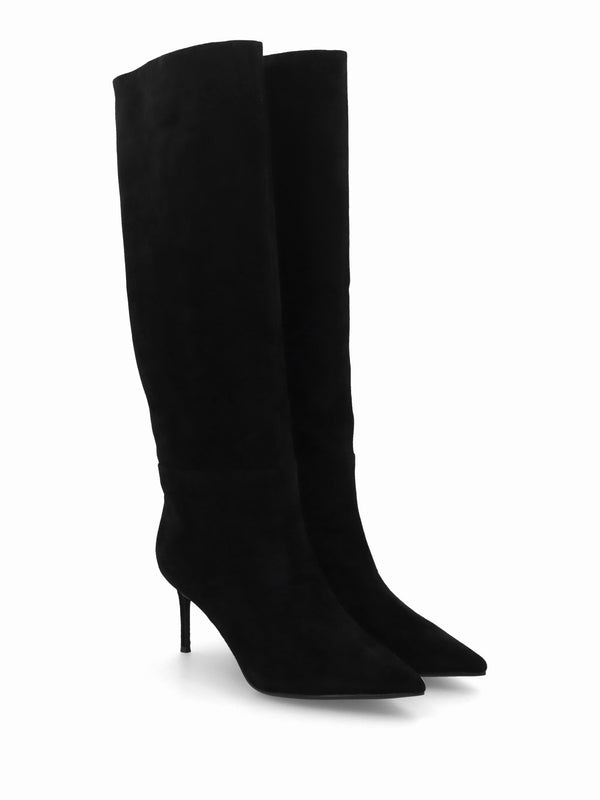 Suched Black Suede Heeled Knee Boots