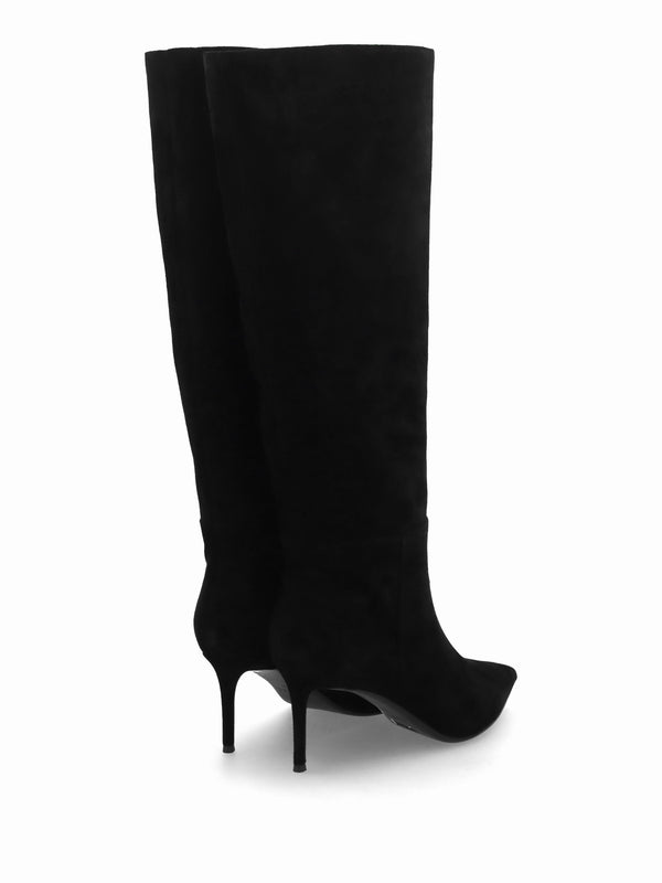Suched Black Suede Heeled Knee Boots