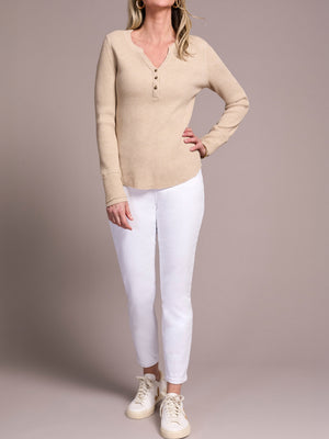 Henley Waffle Beige Long-Sleeve Top