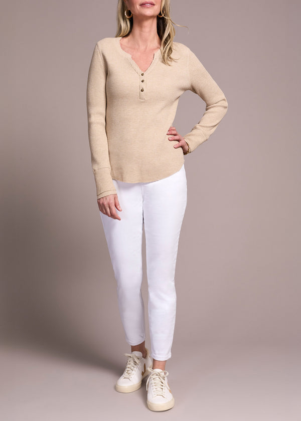 Henley Waffle Beige Long-Sleeve Top