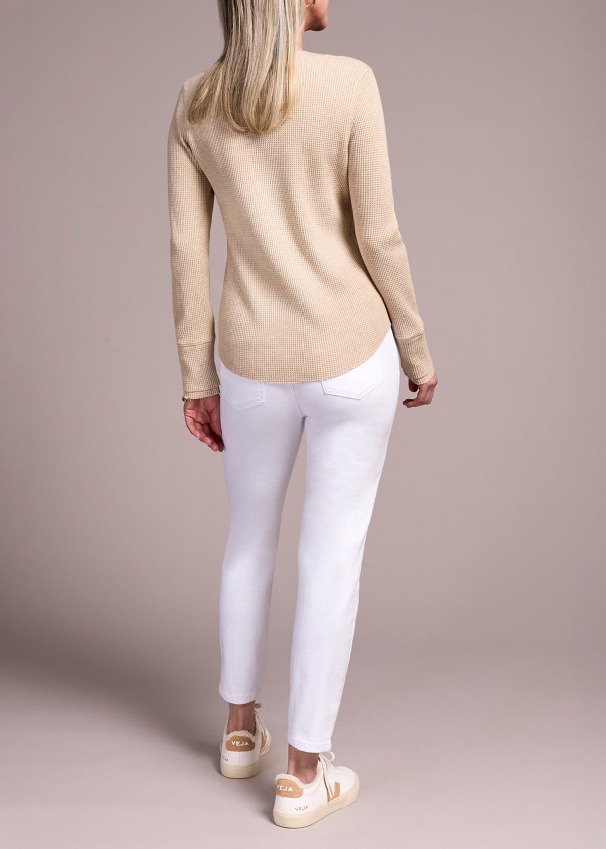Henley Waffle Beige Long-Sleeve Top
