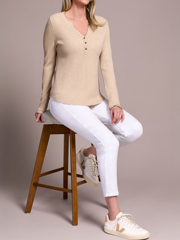 Henley Waffle Beige Long-Sleeve Top