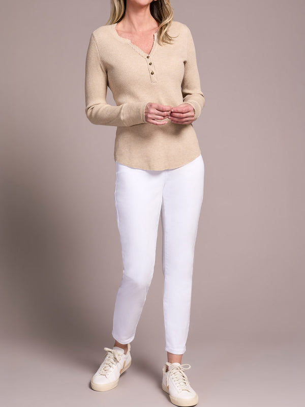 Henley Waffle Beige Long-Sleeve Top
