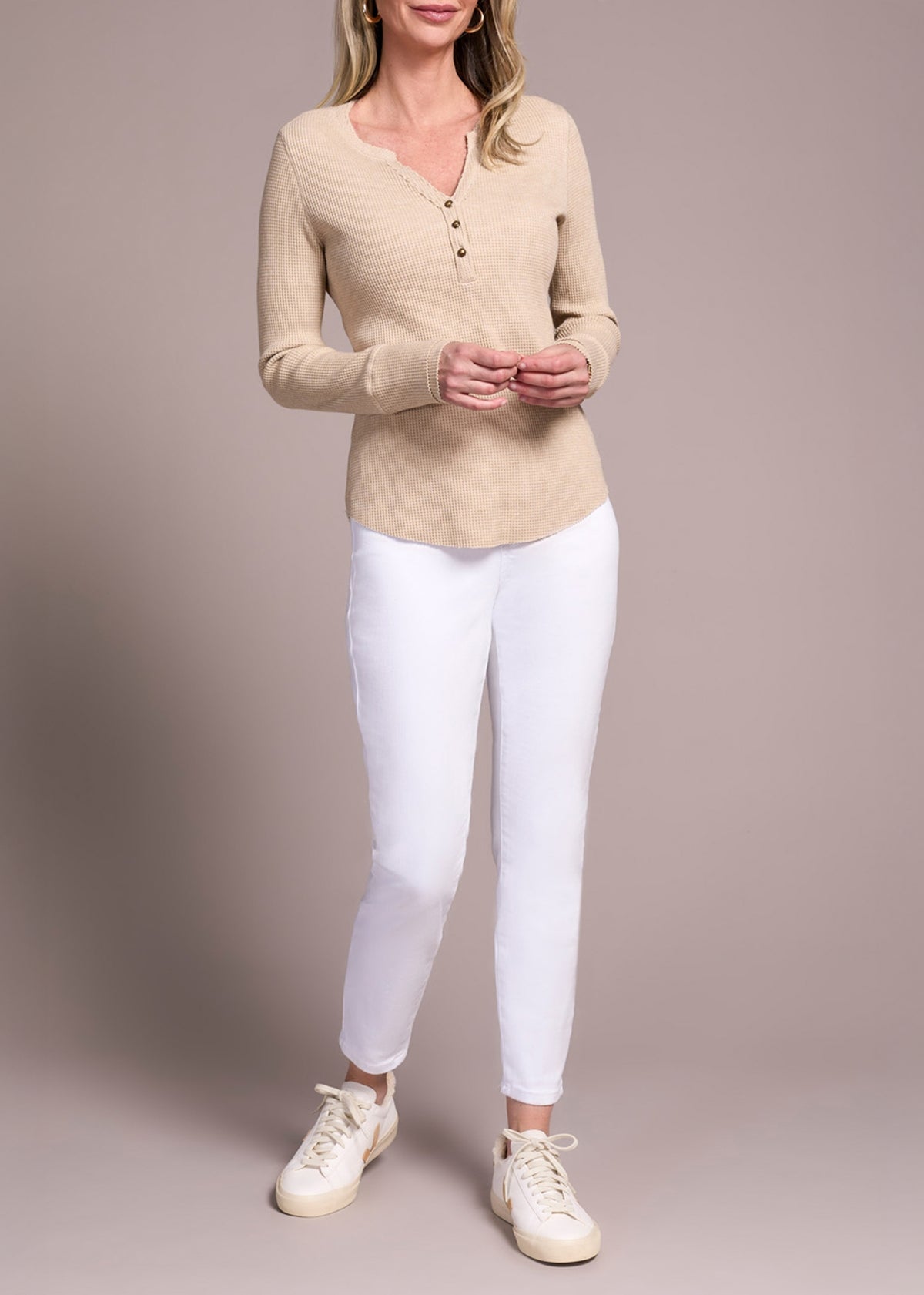Henley Waffle Beige Long-Sleeve Top