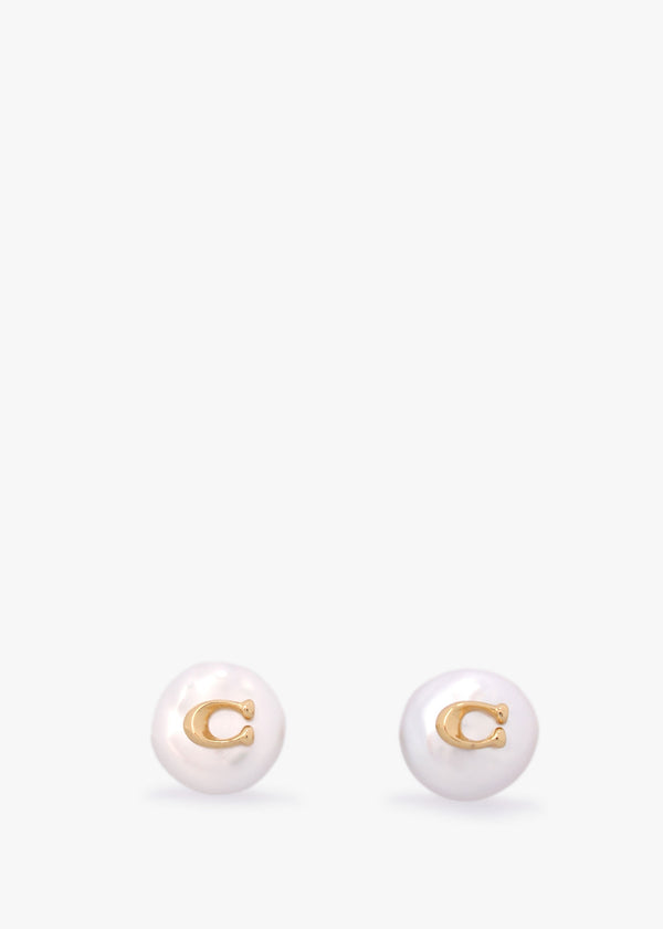 Circle Pearl C Logo Gold Stud Earrings