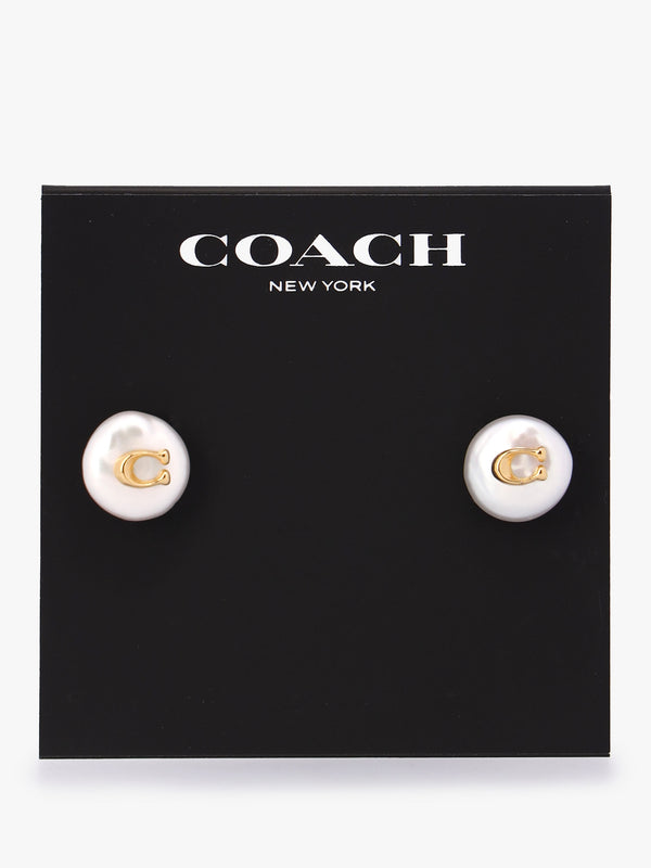 Circle Pearl C Logo Gold Stud Earrings