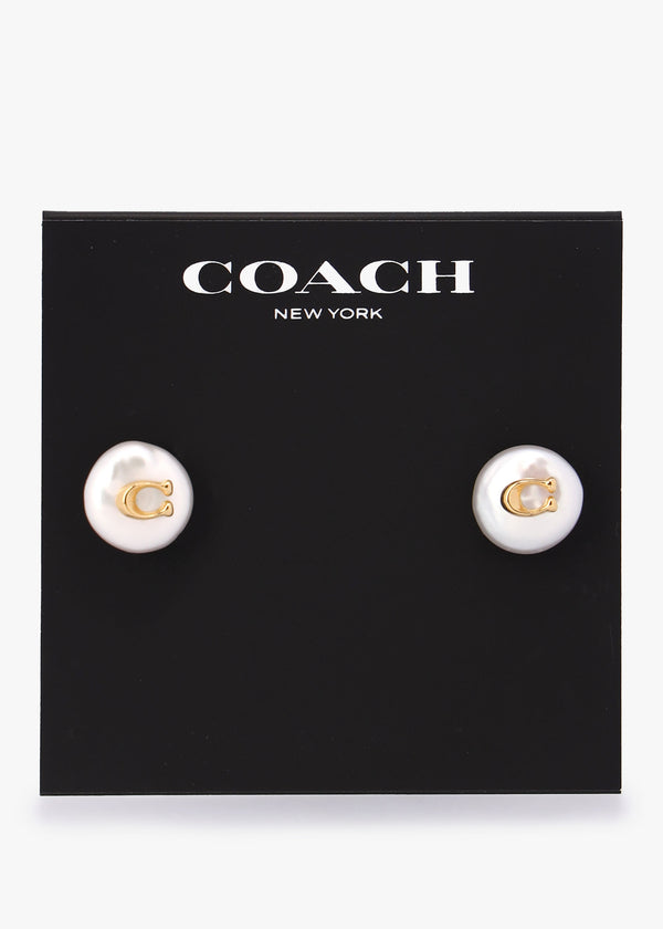 Circle Pearl C Logo Gold Stud Earrings