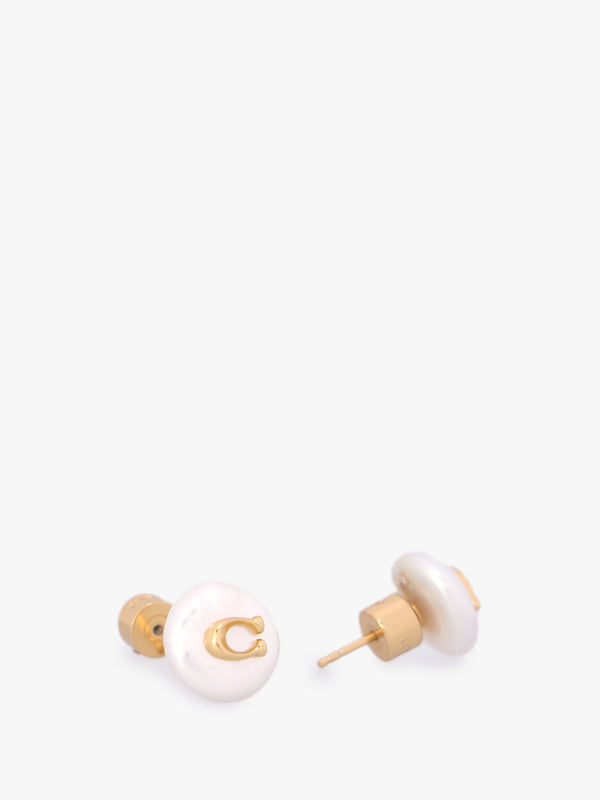 Circle Pearl C Logo Gold Stud Earrings