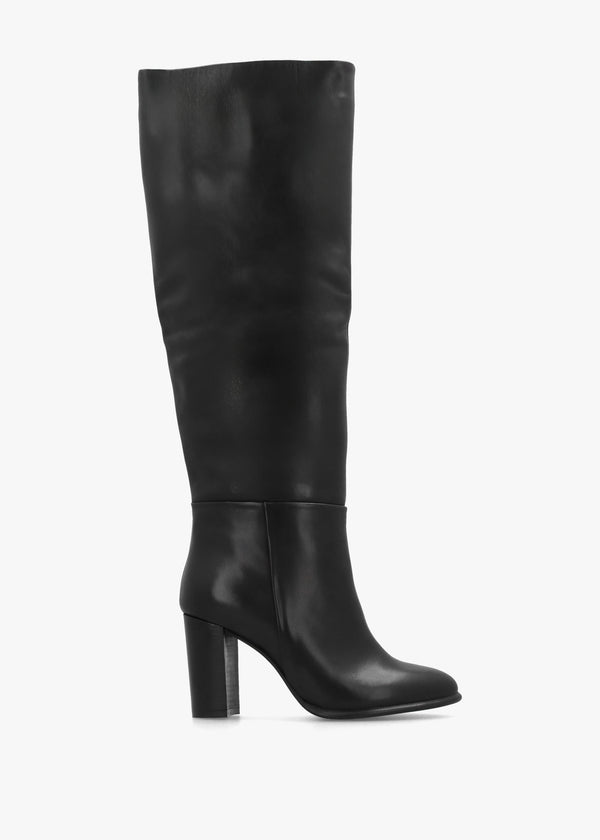 Lottie Black Leather High Block Heel Knee Boots